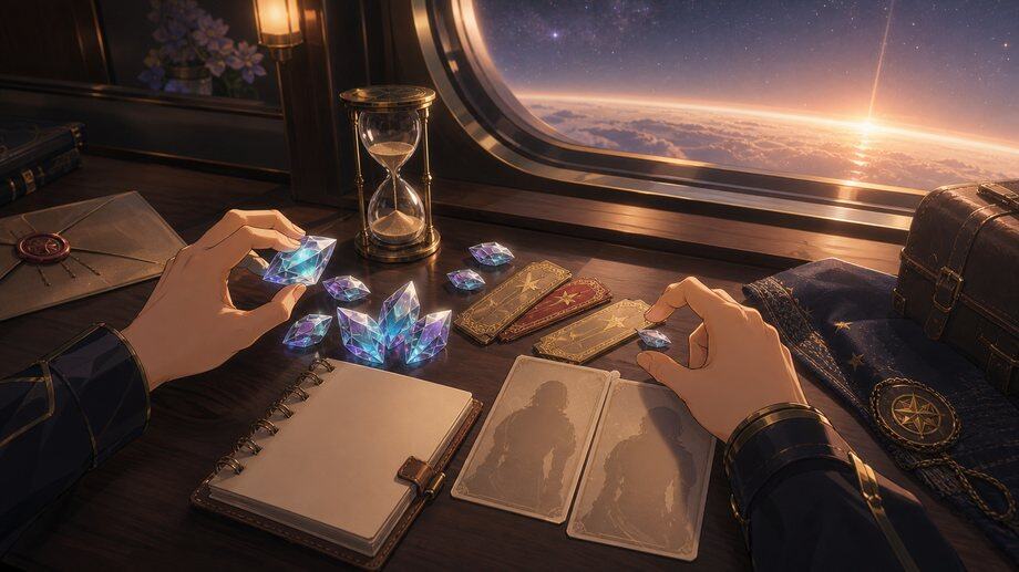 HSR 4.3 バナー終了前に星玉、チケット、天井を整理するプレイヤーの手元。