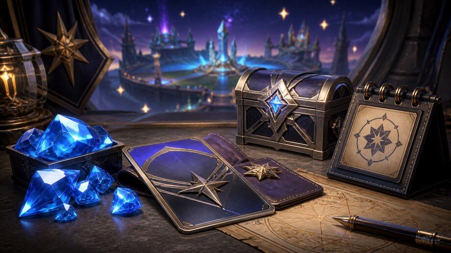 ฉากวางแผน Diamonds สำหรับ MLBB September StarLight พร้อมคริสตัลสีน้ำเงิน การ์ด pass กล่องรางวัล และแนวคิด Weekly Diamond Pass