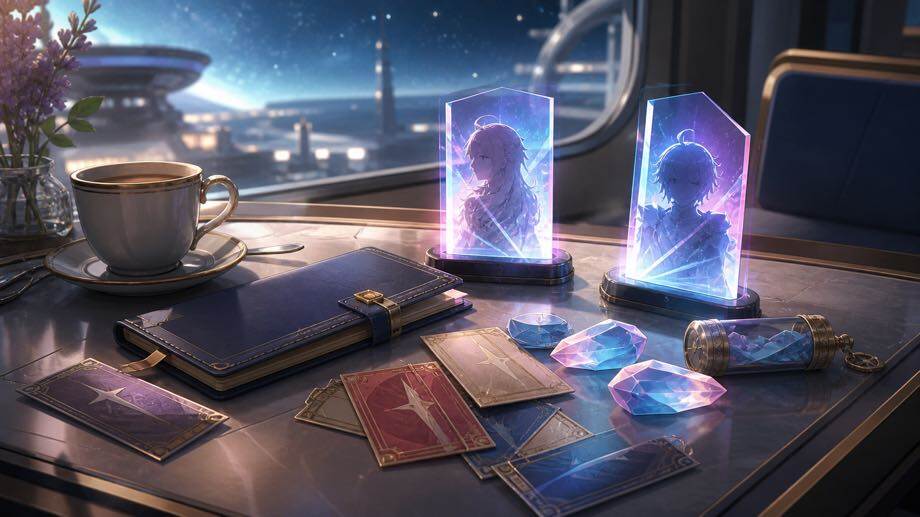 Honkai Star Rail 4.5 pull planning still life with tickets, Stellar Jade crystals, Nameless Honor pass, and Oneiric Shards