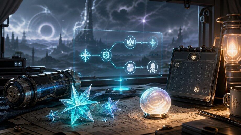 Wuthering Waves 3.6 Astrite and Lunite planning scene with crystals, pull route hologram, login calendar, and rover camp desk