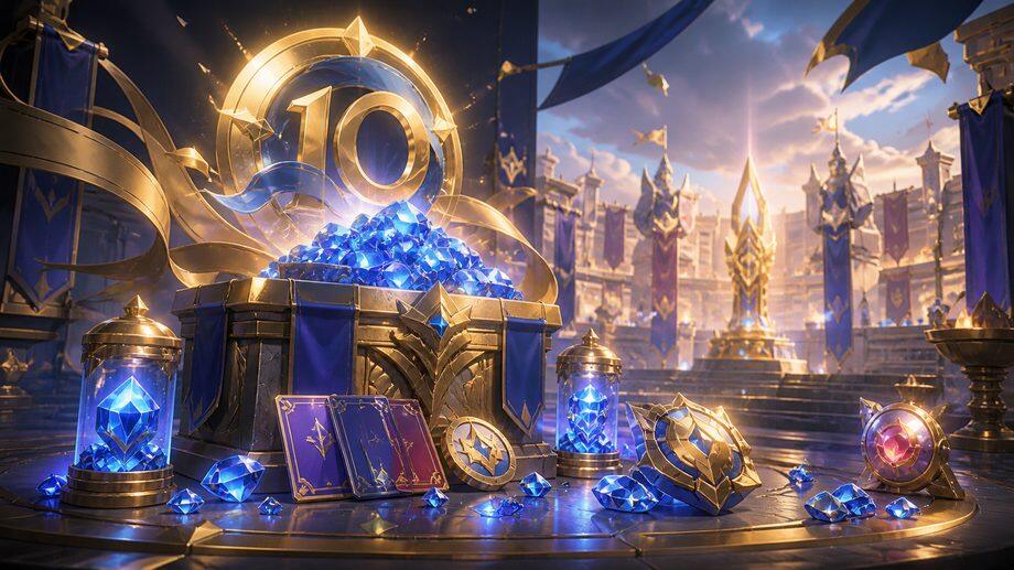 MLBB 10th Anniversary Grand Rebate Belohnungshalle mit blauen Diamonds, Jubiläumsmarken, Gutscheinkarten und Recharge-Belohnungen