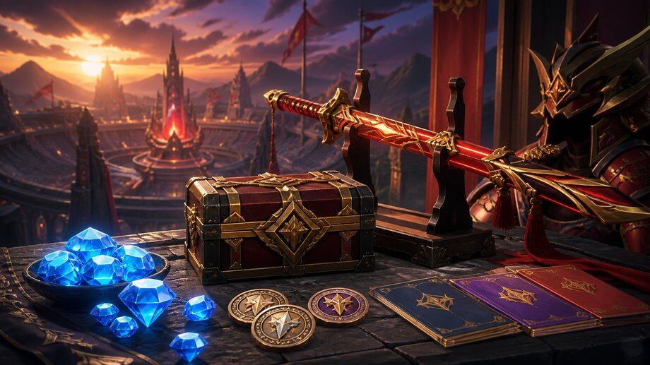 Adegan perancangan MLBB Argus Raiden Maru dan Aspirants Tokens dengan Diamonds, Collector chest, paparan pedang warrior dan kad ganjaran