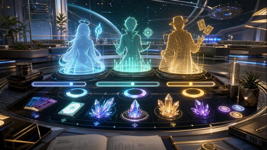 HSR pull planner with holographic character silhouettes, crystal currency and pity tracking for Oneiric Shard budgeting.