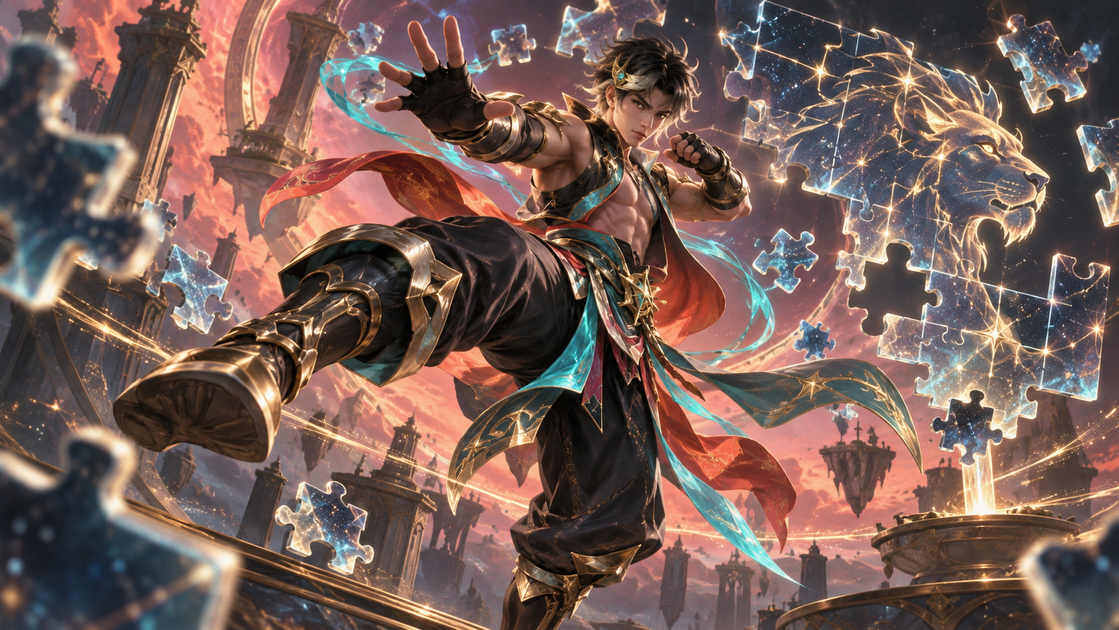 星光拼圖碎片圍繞武術角色的原創插畫，呼應 MLBB Chou 免費週年造型活動