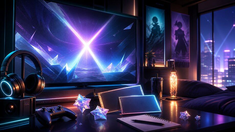 ZZZ 3.2 livestream watch setup with glowing broadcast screen, redeem code cards, controller, and Polychrome-style crystals