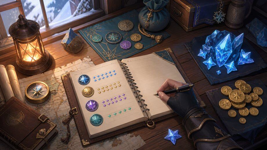 原神風格冒險規劃桌面，活動代幣、原石風格水晶、貨幣堆、筆記本與雪景窗戶呈現獎勵檢查