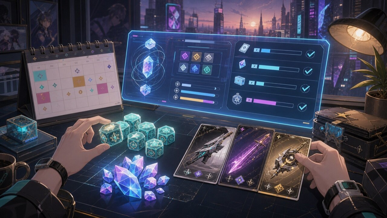 ภาพวางแผน Annulith และ Solid Dice ของ Neverness to Everness พร้อมการ์ด Arc weapon และงบเติมเงิน
