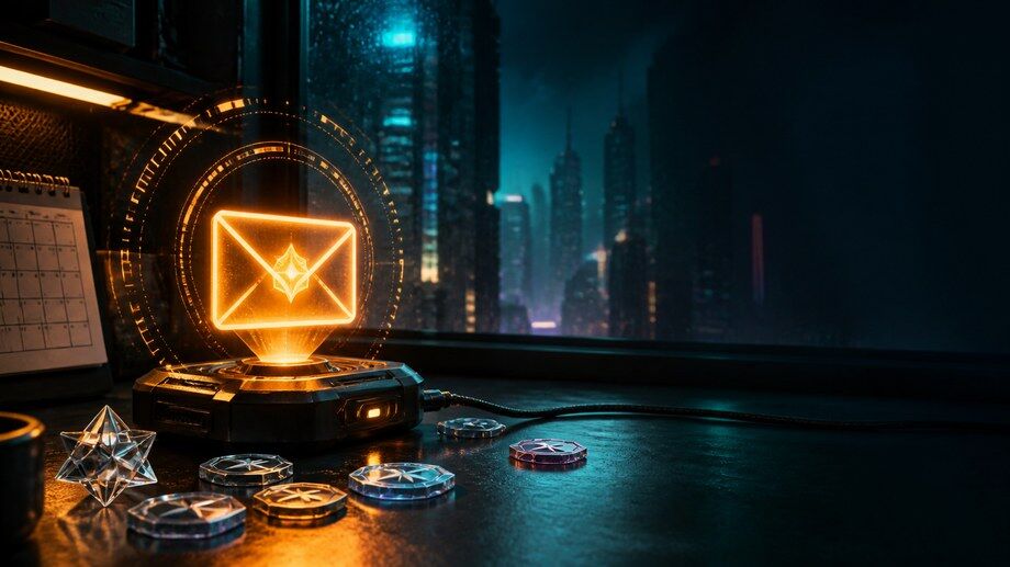 ภาพเตือน deadline compensation mail ZZZ 3.1 พร้อมซอง reward เรืองแสงและคริสตัลสไตล์ Polychrome ในห้อง cyberpunk