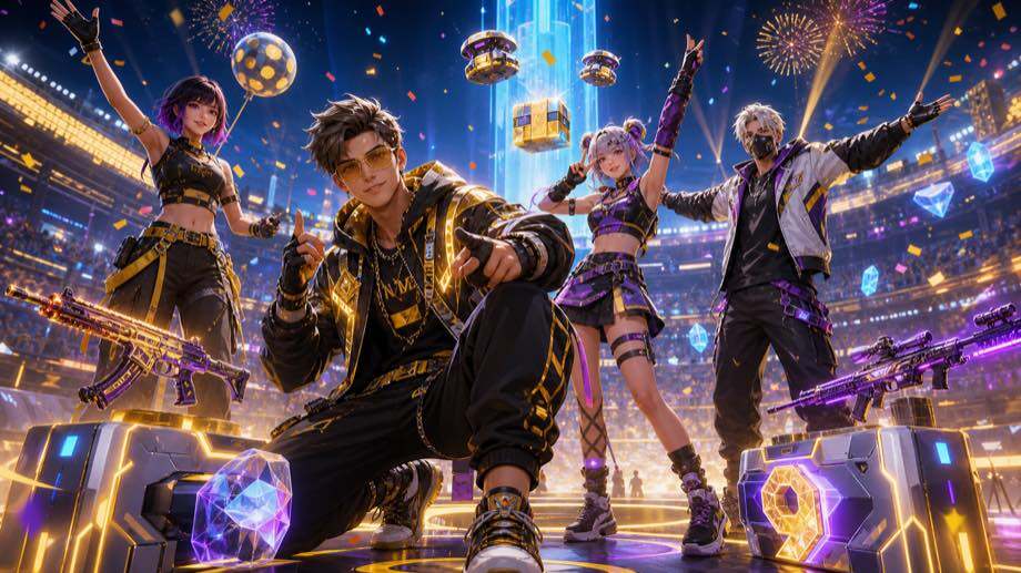 ทีม Free Fire 9th Anniversary กำลังฉลองใน 3D Party Lobby
