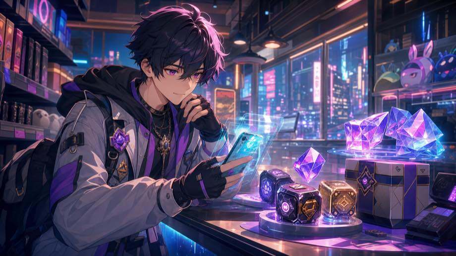Neverness to Everness character checking a recharge terminal with glowing crystals