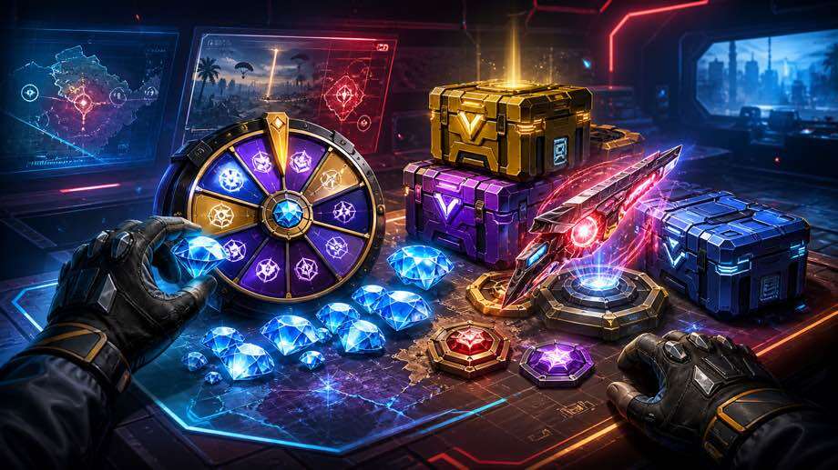 Иллюстрация планирования Free Fire MAX Diamonds с Faded Wheel, Evo Vault, кристаллами и ящиками наград