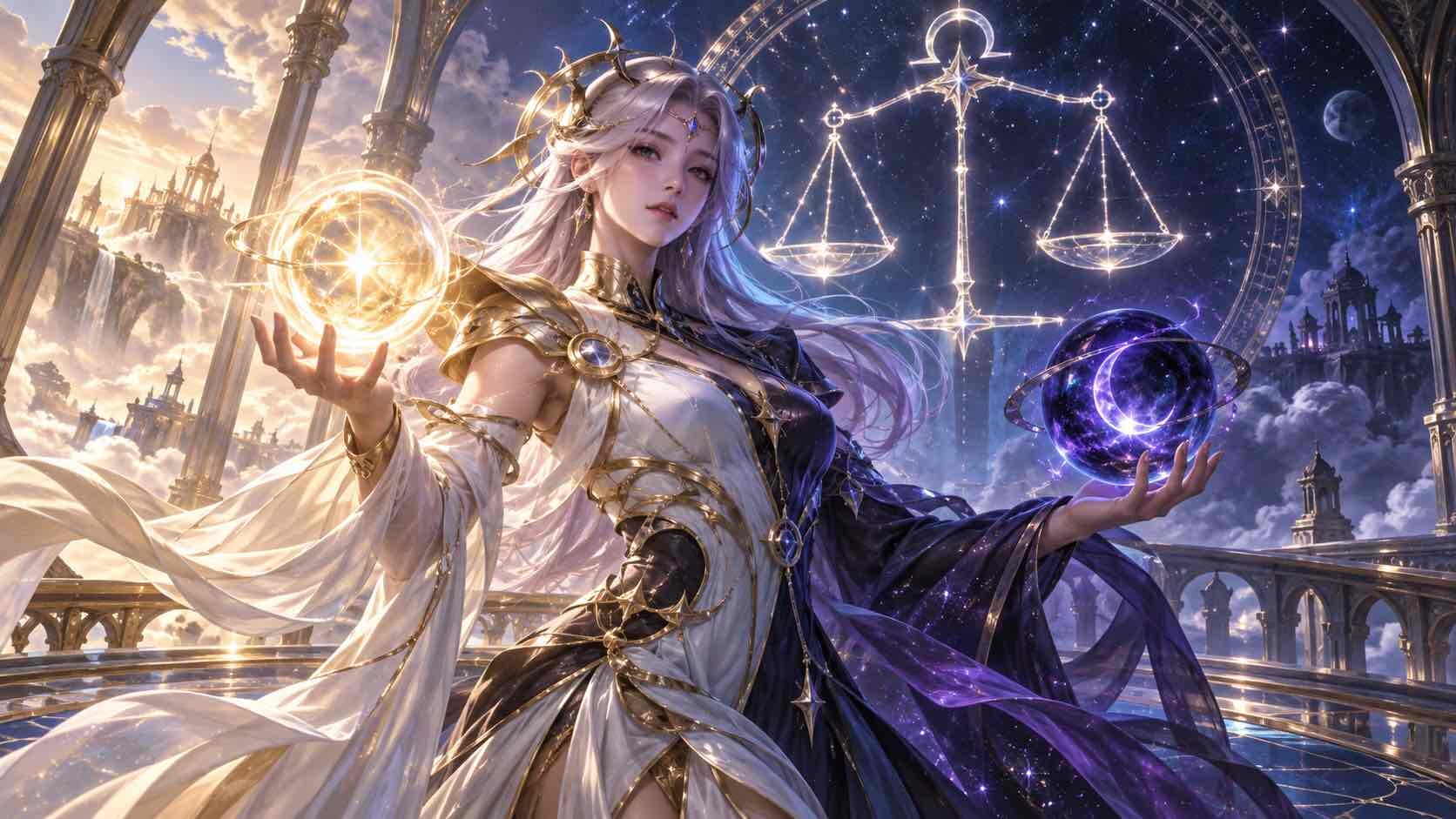 MLBB Lunox Libra celestial mage with light and dark energy beneath the Libra constellation
