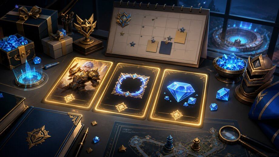 MLBB anniversary reward planning desk with glowing skin cards, blue Diamonds, gift boxes, and a calendar for event preparation