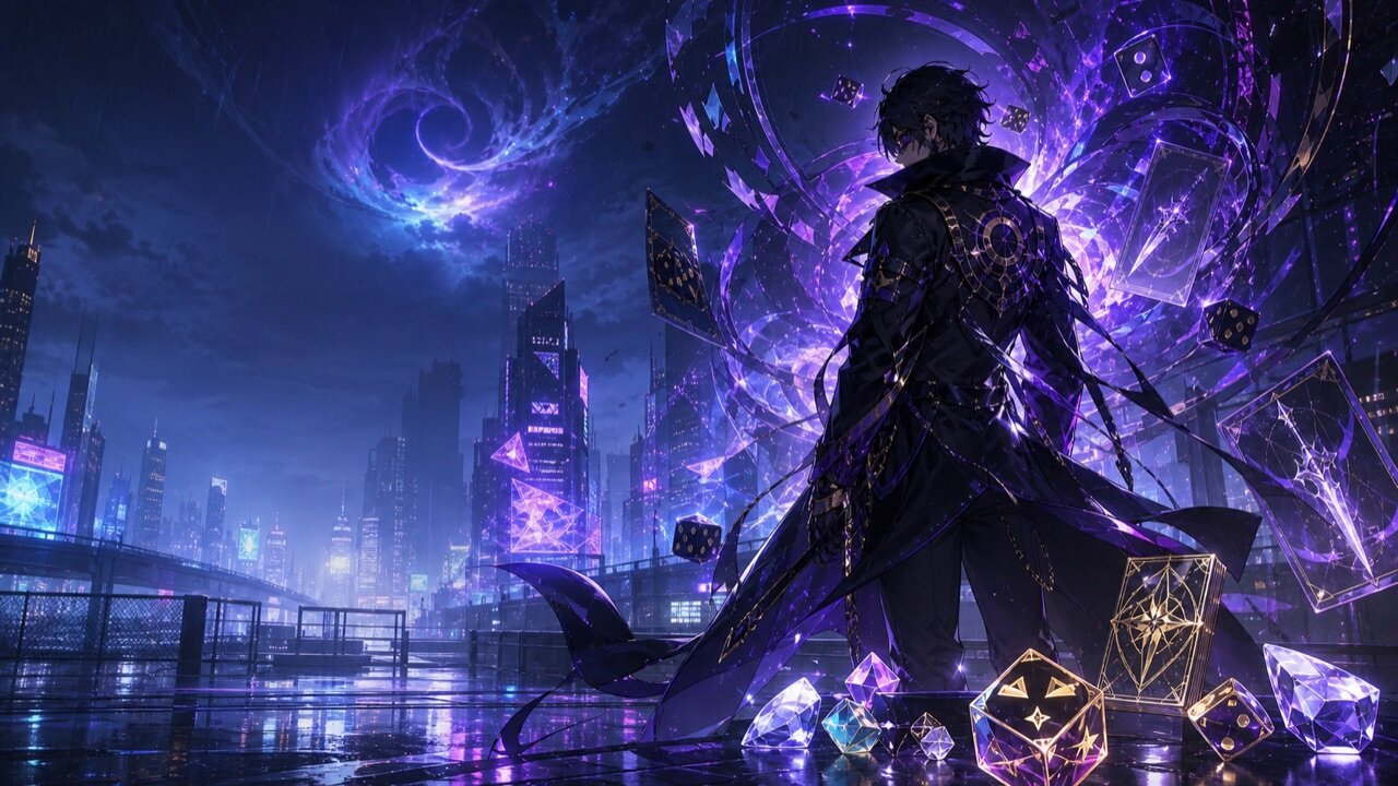 Image du guide de bannière Chaos pour Neverness to Everness avec dés de gacha, cristaux et ville néon