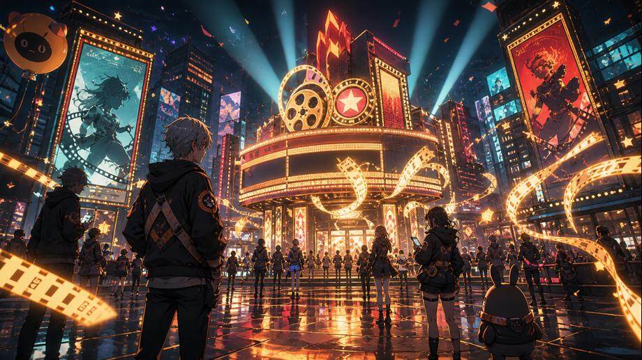 Place de cinéma ZZZ 3.1 Filmgoer avec traînées de tickets lumineuses et ambiance anniversaire.