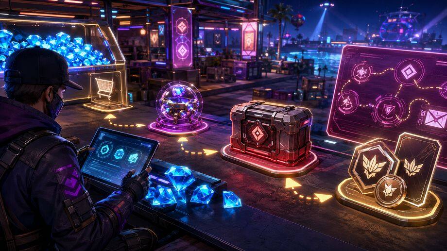 Free Fire Mystery Shop und Booyah Pass Planungsroute mit Diamonds, Pass-Token und Belohnungskisten