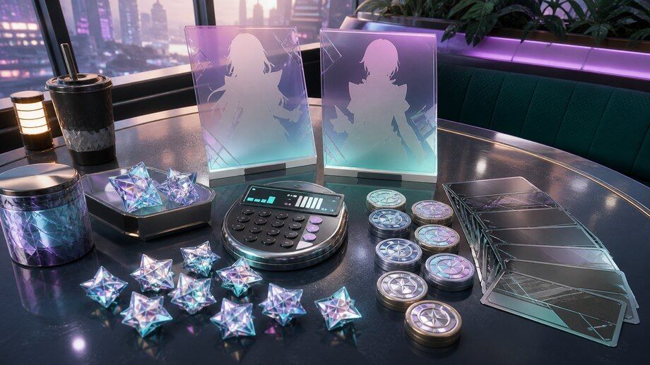 ZZZ 3.2 Claret and Roxy pull planning scene with silhouette cards, Polychrome crystals, tokens, and Monochrome calculator