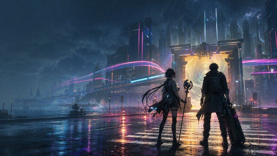 Wuthering Waves-inspired travelers facing a neon city gate during the final week of the Cyberpunk crossover event.