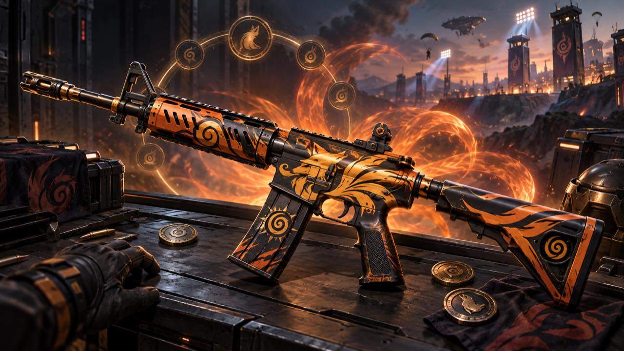 M4A1報酬カードとダイヤと交換トークンを並べたFree Fire Naruto Vira-Carta抽選テーブル