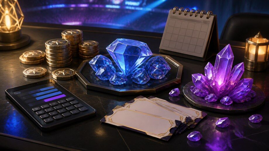 MLBB Exquisite Collection Diamonds planning scene with blue crystals, Crystals of Aurora, draw tickets, tokens, and calculator